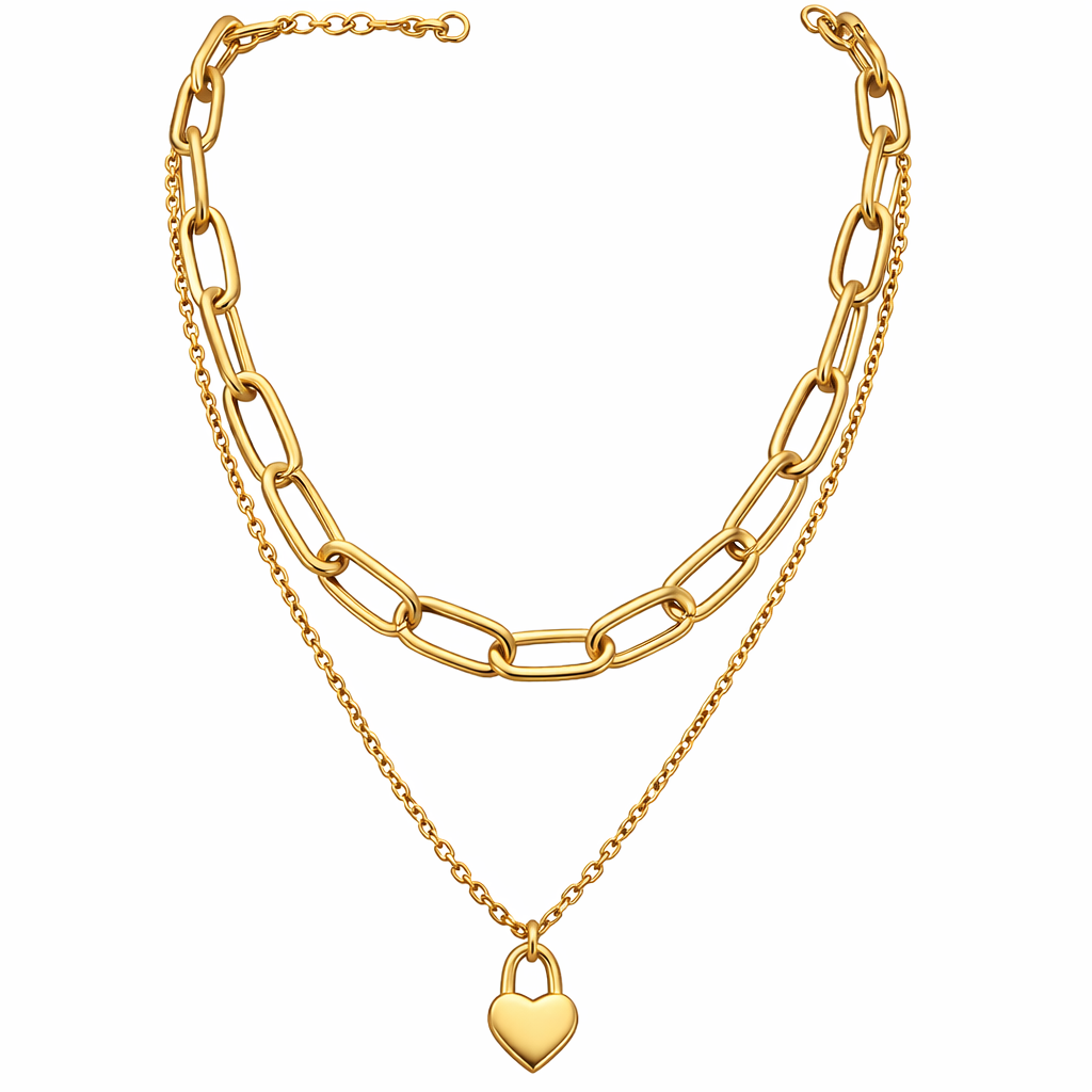 Collar Doble Cadena Corazón Dorado